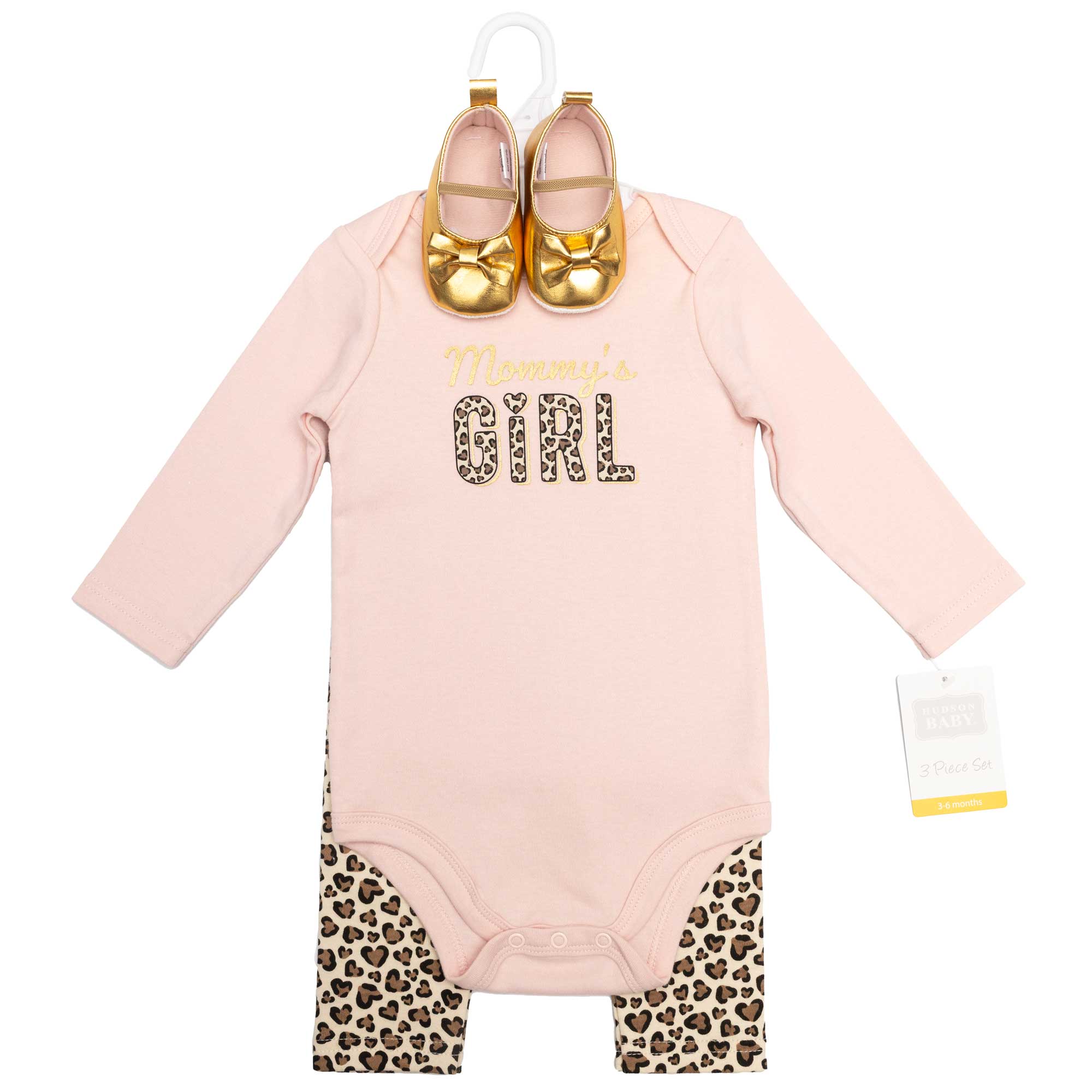 Hudson Baby Infant Girls Cotton Bodysuit, Pant and Shoe Set, Leopard Hearts Girls, 6-9 Months