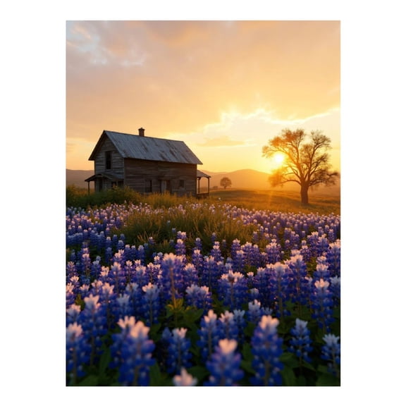 Diamond Art Kit for Adults, Bluebonnet Field Sunrise Cabin Scene Diamond Painting for Adults Beginners, DIY Diamond Art Painting Kits, 5D Diamond Painting Crafts for Home Decor 12x16 Frameless