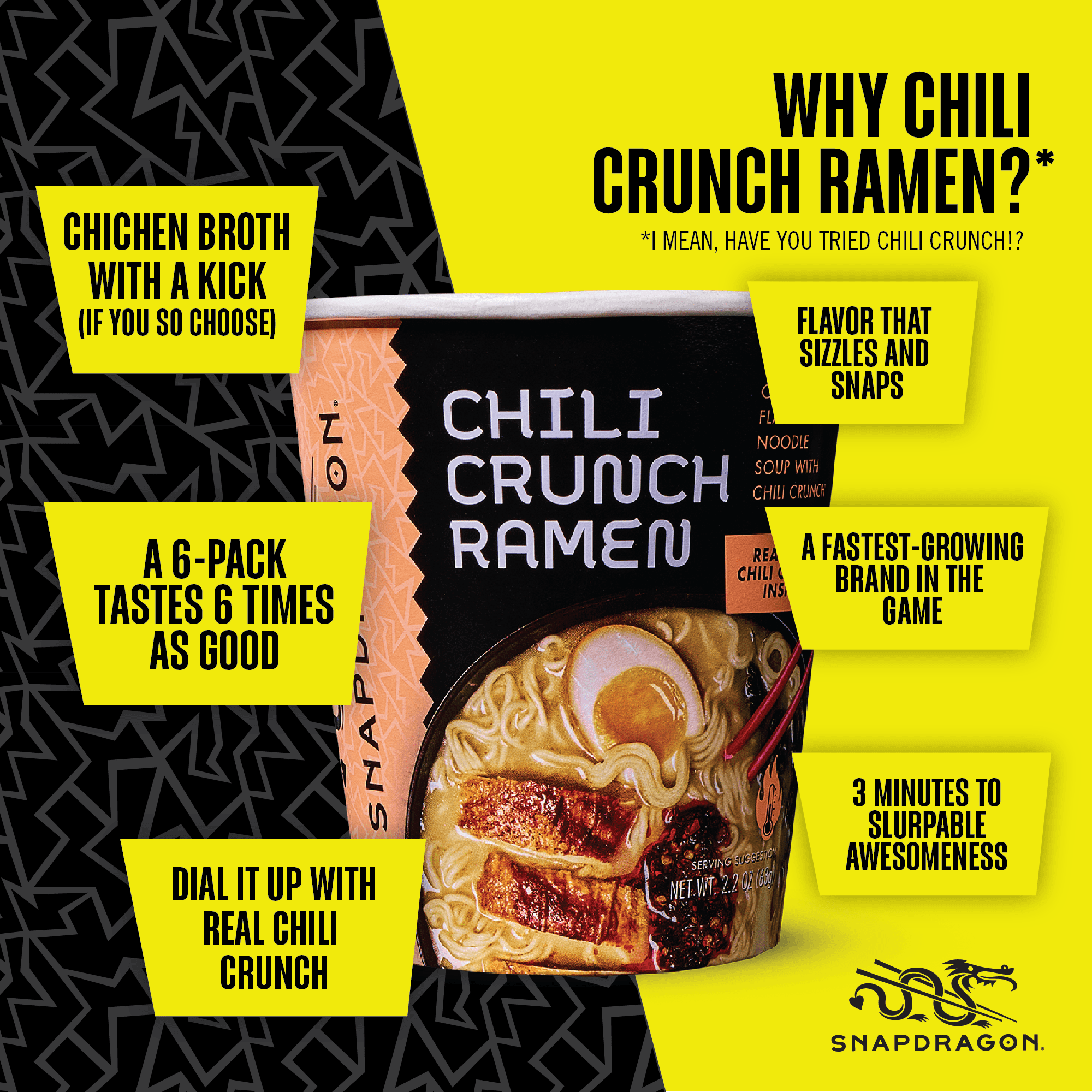 Snapdragon Chili Crunch Ramen Spicy Japanese-Inspired Instant Noodle Soup and Broth (2.2 oz Each, 6 Count), Shelf-Stable, Cups