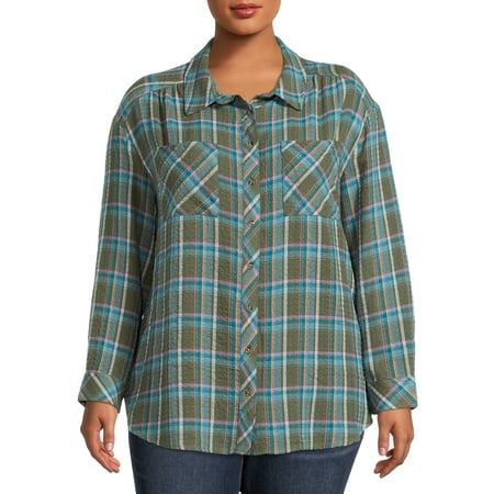 Terra & Sky Plus Size Button Front Long Sleeve Plaid Shirt