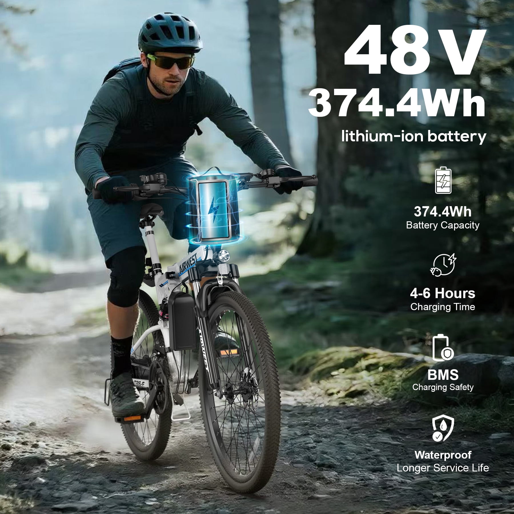 AIRWEST Electric Bike, 26'' Folding E Bike for Adults, Peak 750W Motor, 20MPH, Mountain E Bike with 48V 7.8Ah Lithium Battery, 40 Miles Range, UL2849
