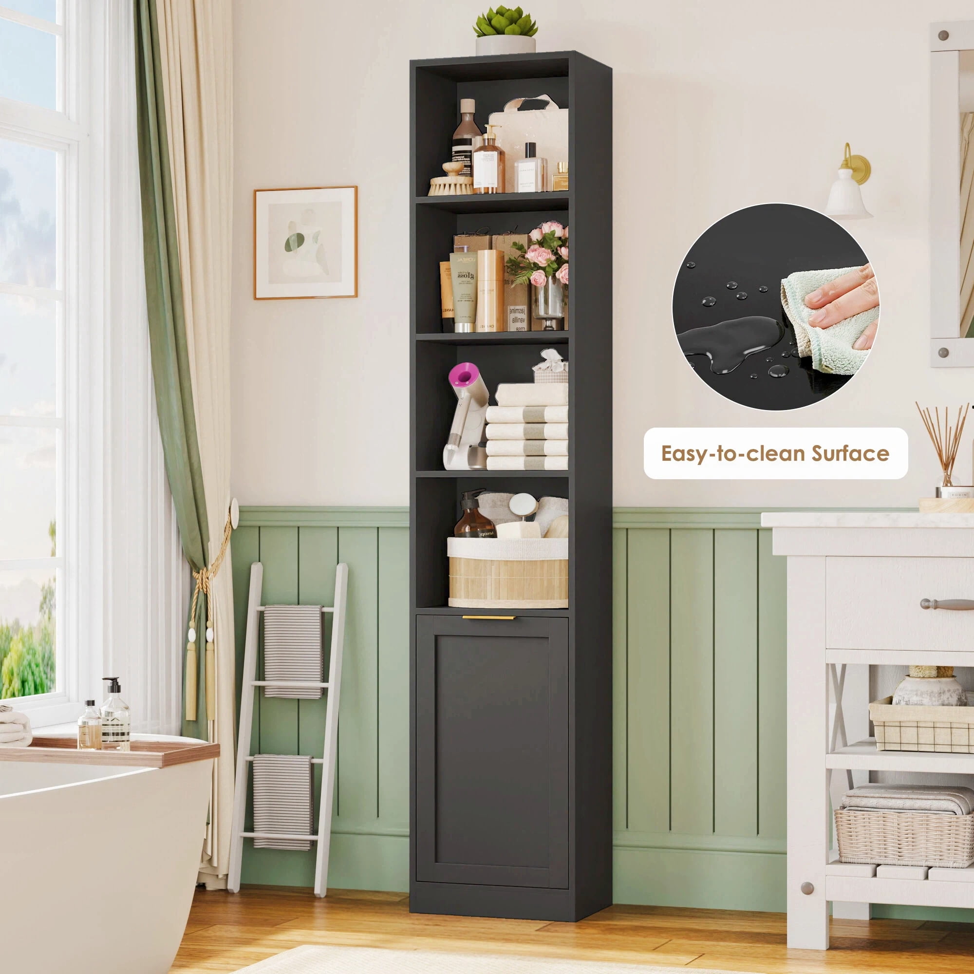 Hiphuta 73.5" Tall Bathroom Storage Cabinets with Adjustable Shelves, 6-Tier Narrow Cabinet, Bathroom Storage Tower for Small Spaces, Black