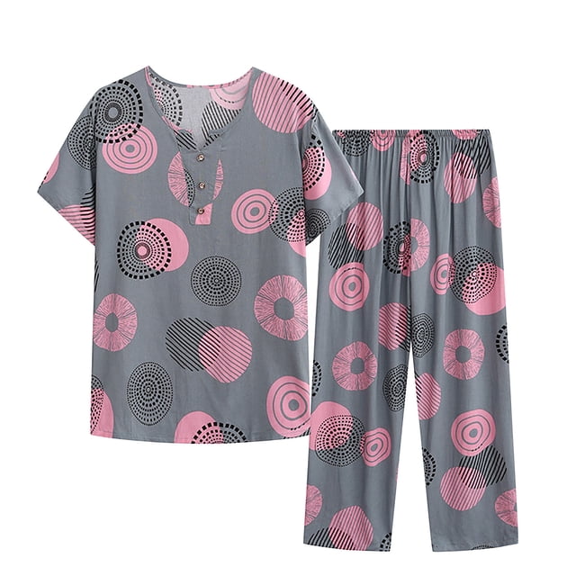 Tnhcen Ensemble de Pyjama d'Été pour Femmes en Lin 2 Pcs / Haut à Manches Courtes Boutonné Col Rond Imprimé Rétro + Pantalon Taille Élastique / TG-4TG
