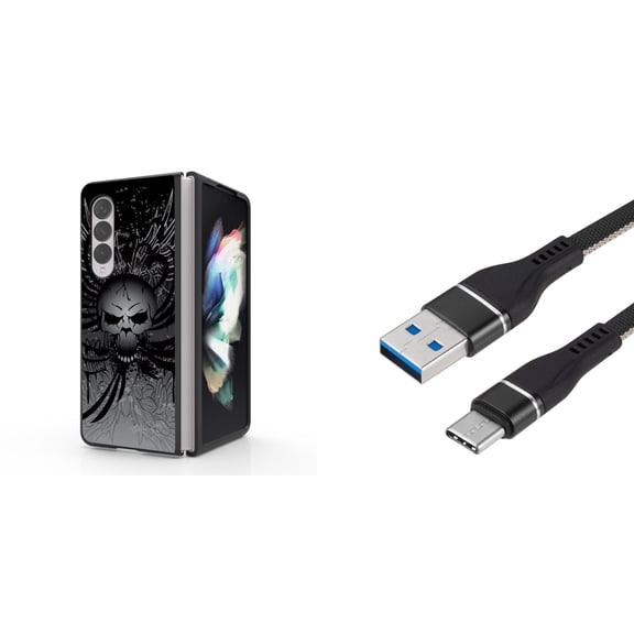 Accessory Bundle for Galaxy Z Fold 4: Slim Snap-On Case (Skull Wings), Nylon Braided USB-C to USB-A Cable (3 Feet)