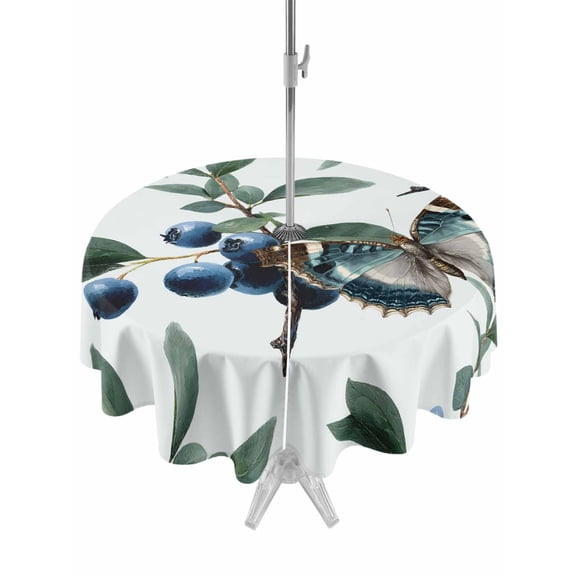 Outdoor Tablecloths with Umbrella Hole & Zipper, Blueberry Spring Leaves Round Tablecloths 60 Inch, Farmhouse Botanical Branches Waterproof Table Cloth, Patio/Pool/Picnic Table Covers