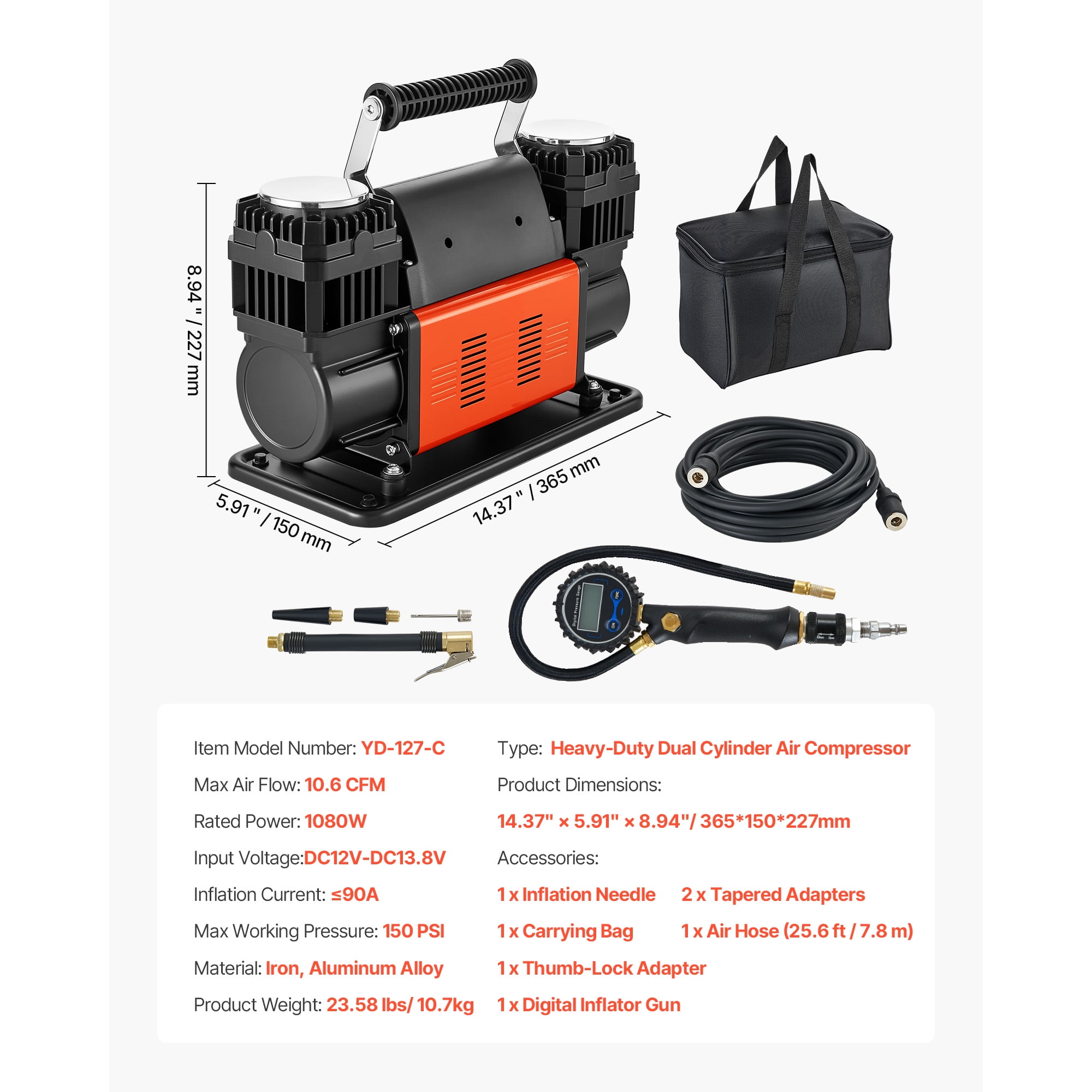 KFFKFF Dual-Cylinder Portable Air Compressor, 10.6CFM 12V 150PSI Tire Inflator with Digital Gauge & Adapters for Cars, Trucks, SUVs, RVs, and Off-Road Vehicles