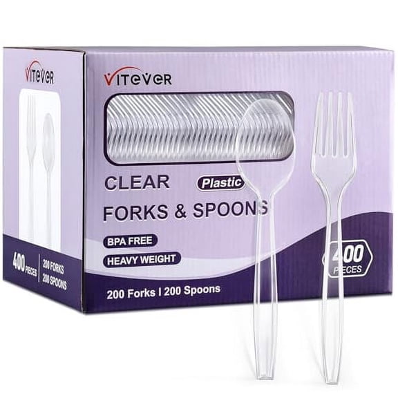[400 Count] Clear Plastic Forks and Spoons Set Bulk - Heavy Duty Disposable Spoons and Forks Silverware, Plastic Utensils Cutlery Set for Party