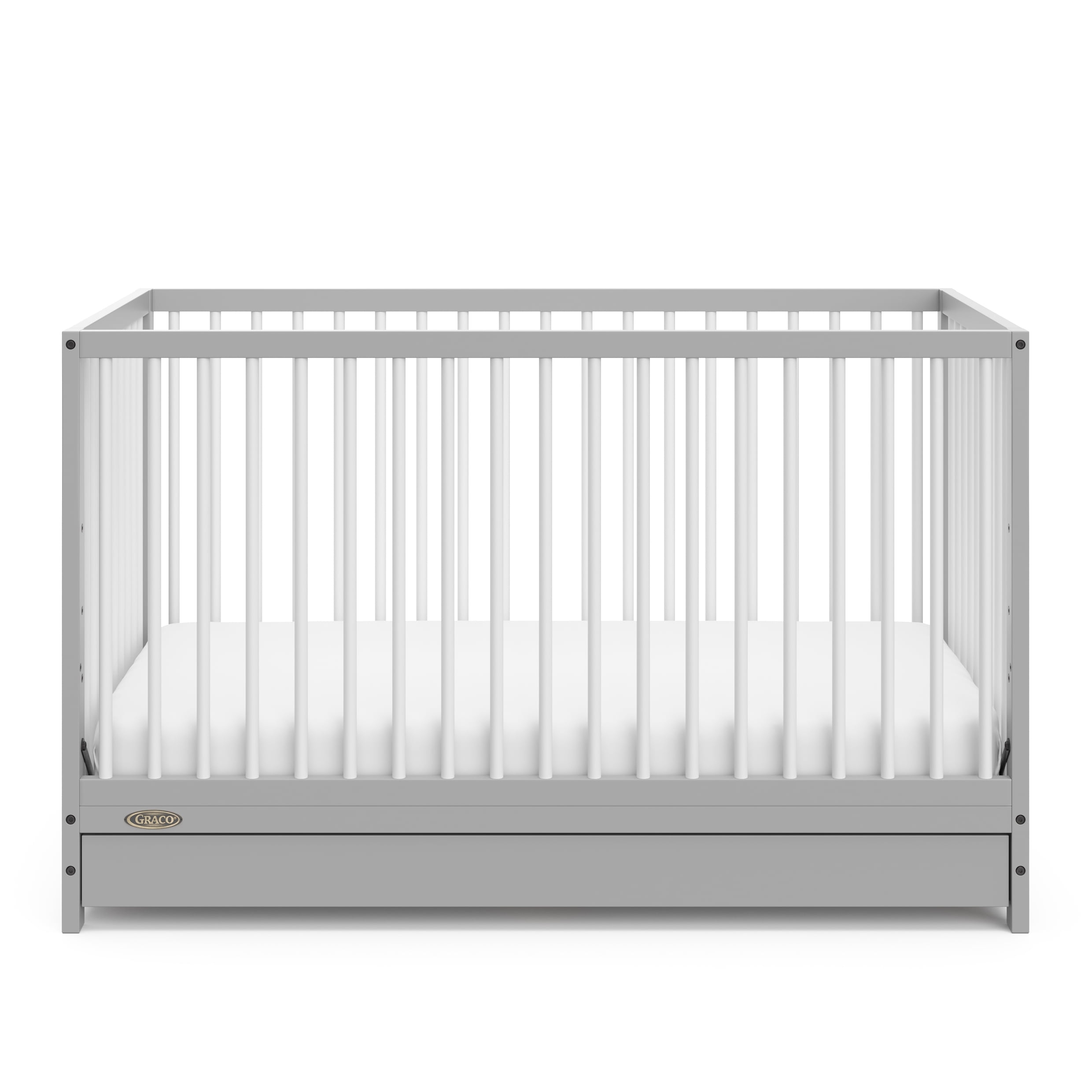 Graco Teddi 5-in-1 Convertible Crib with Drawer and Premium Crib & Toddler Mattress Bundle, Pebble Gray with White