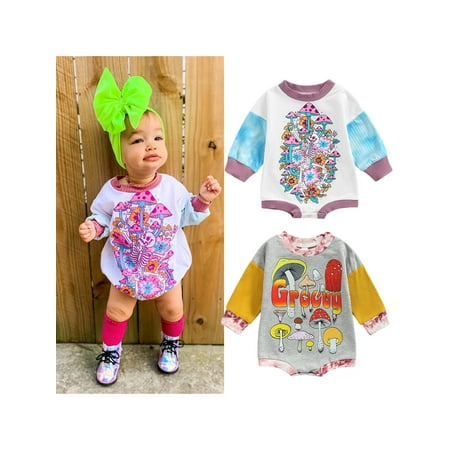 

Coduop Infant Baby Girls Boys Cute Sweatshirt Romper Long Sleeve Mushroom Printed Bodysuit Jumpsuit