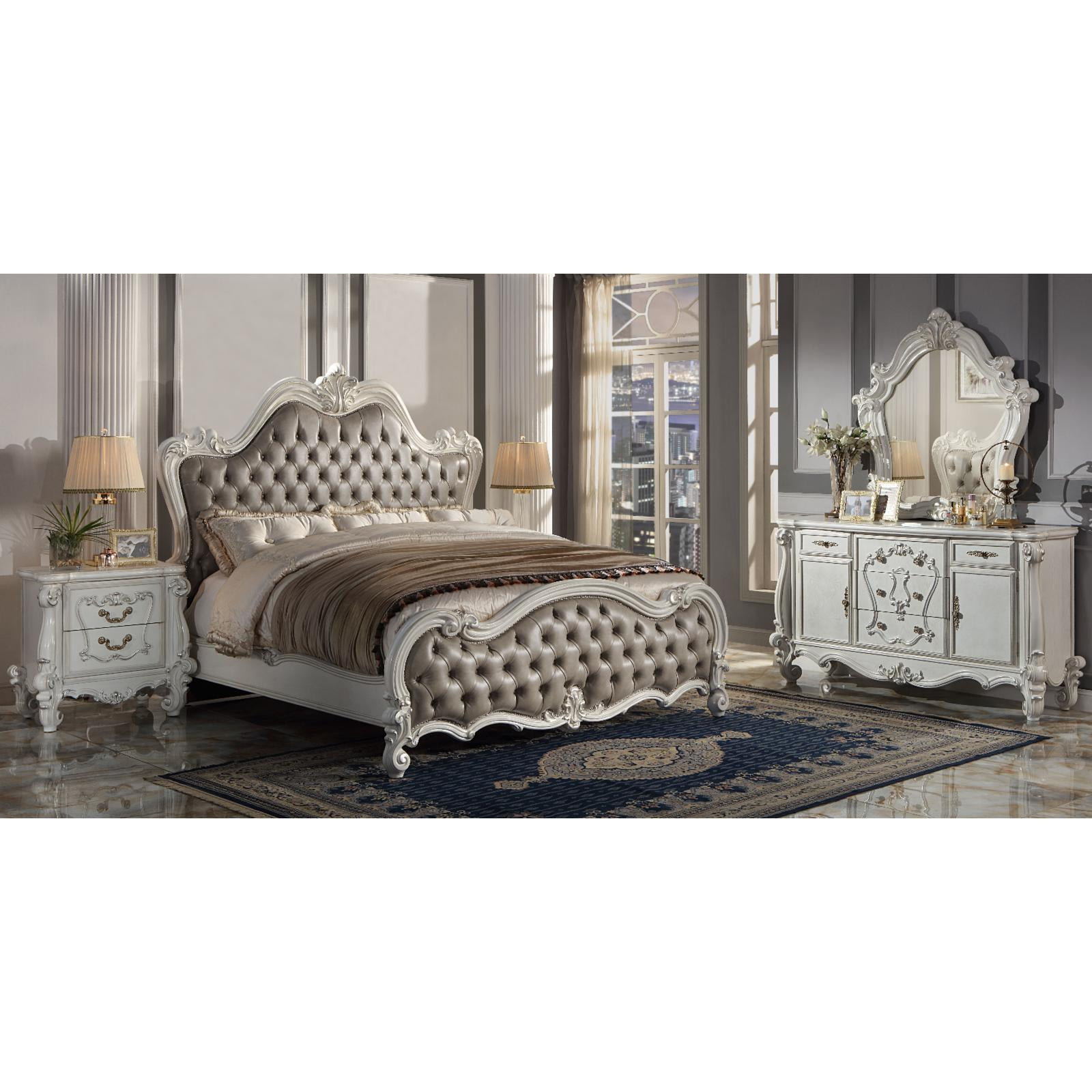 Acme Versailles II California King Bed in Vintage Gray Polyurethane and White Adult, Child