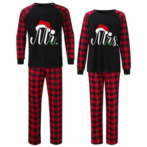 Pijama navideño a juego para pareja, conjunto de pijamas blancos, sombrero de Navidad, Mr & Mrs. Loungwear