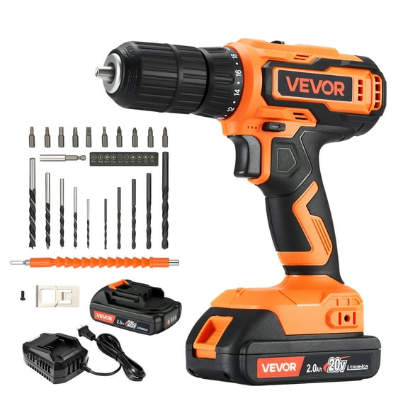 VEVOR Cordless Drill Driver, 1/2 inch Metal Chuck, Dual-Speed Variable, Drill Driver Kit with Lithium Battery and Charger, Belt Clip, for Wood and Metal Drilling, Screw Tightening or Loosening