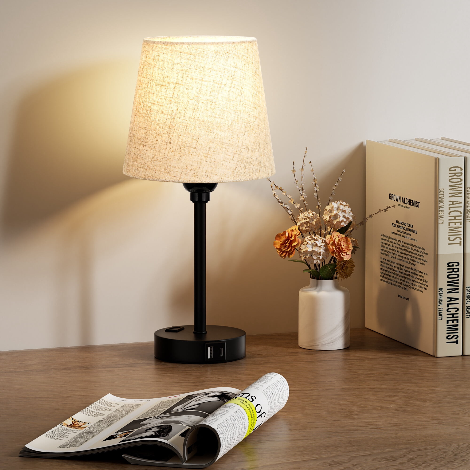 Set of 2 Modern Table Lamp Set with Touch Control, AC Outlet and USB A&C Ports for Bedroom, Livingroom