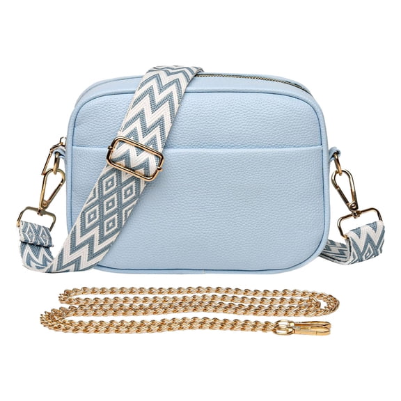 Modstep Leather Crossbody Purse for Women Detachable Wide Strap and Chain Zipper Shoulder Bags Ladies Work Phone Handbag Blue