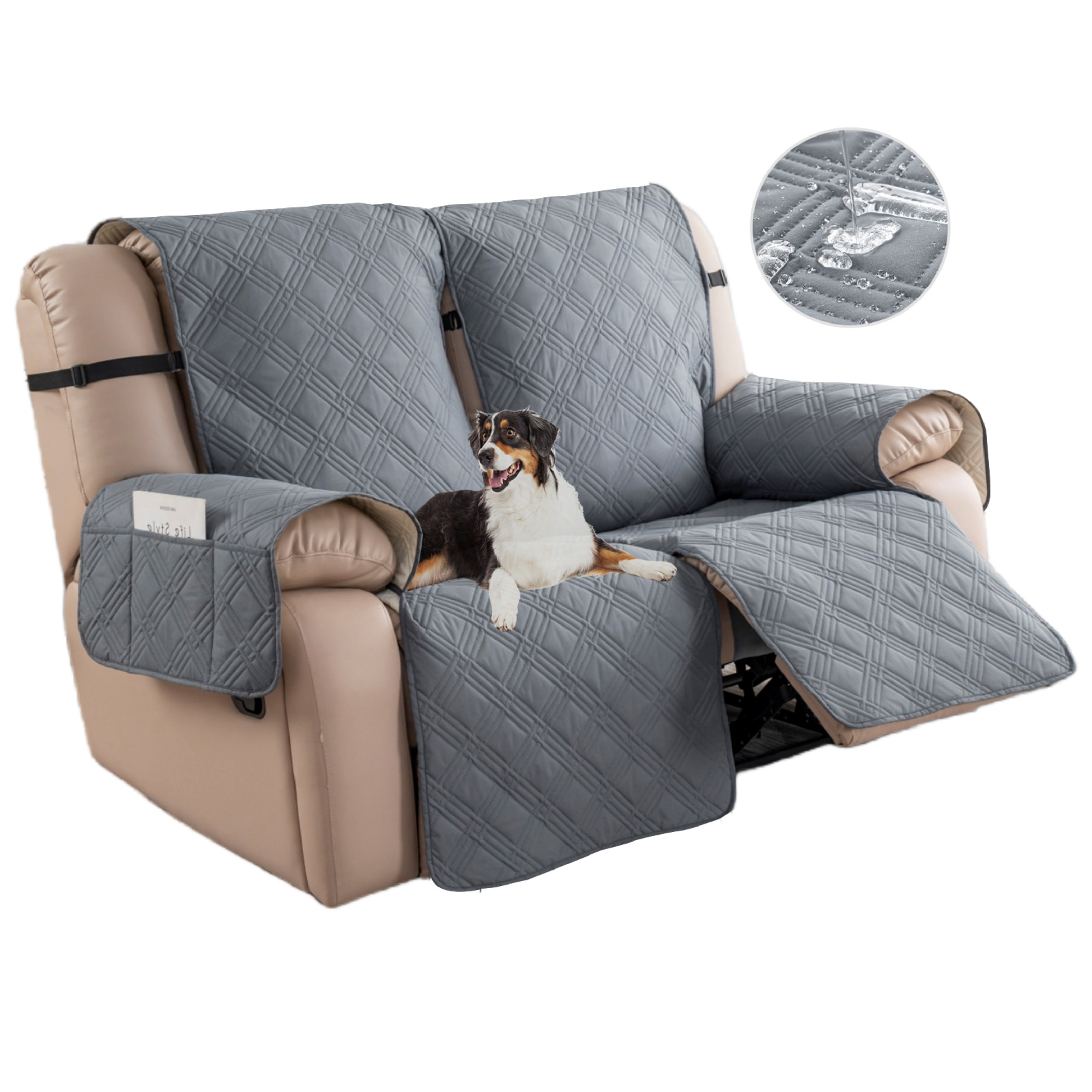 Lavish Cover 100% Waterproof Recliner Loveseat Cover, 2 Pieces Non-Slip Recliner Couch Slipcovers, Washable Furniture Protector with Pockets & Elastic Straps for Kids Pets, 2 Seaters, Light Gray