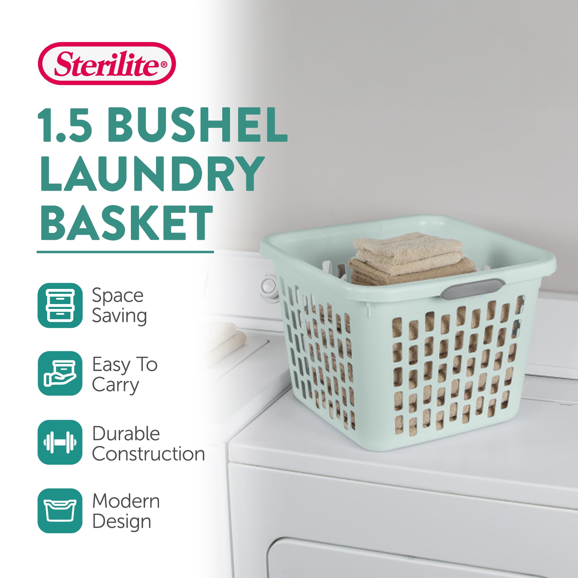 Sterilite Square Laundry Basket, 1.5 Bushel Plastic Hamper with Handles, Mint, 6 Pack