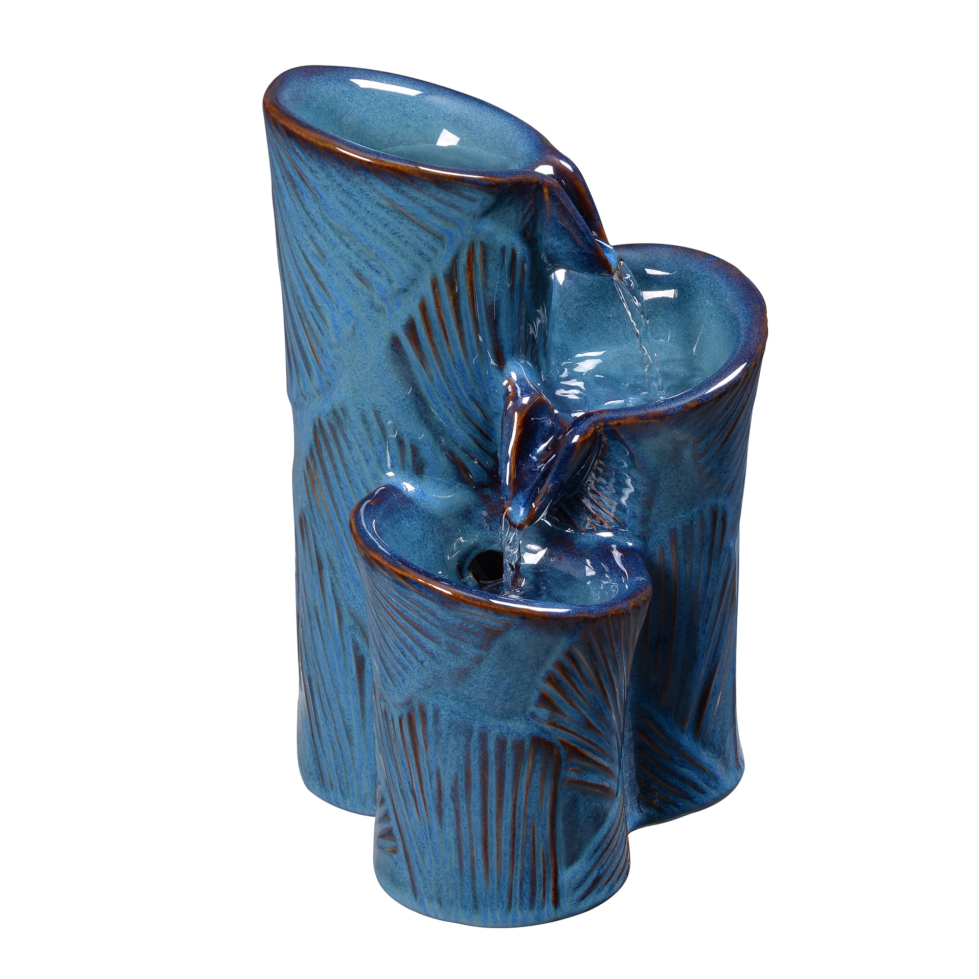 Blue Ceramic Tabletop Cascade Fountain, Decorative Water Fountain with LED Lights and Quiet Pump, Indoor Outdoor Water Feature for Patio, Garden, Deck, Balcony, Office and Home Décor