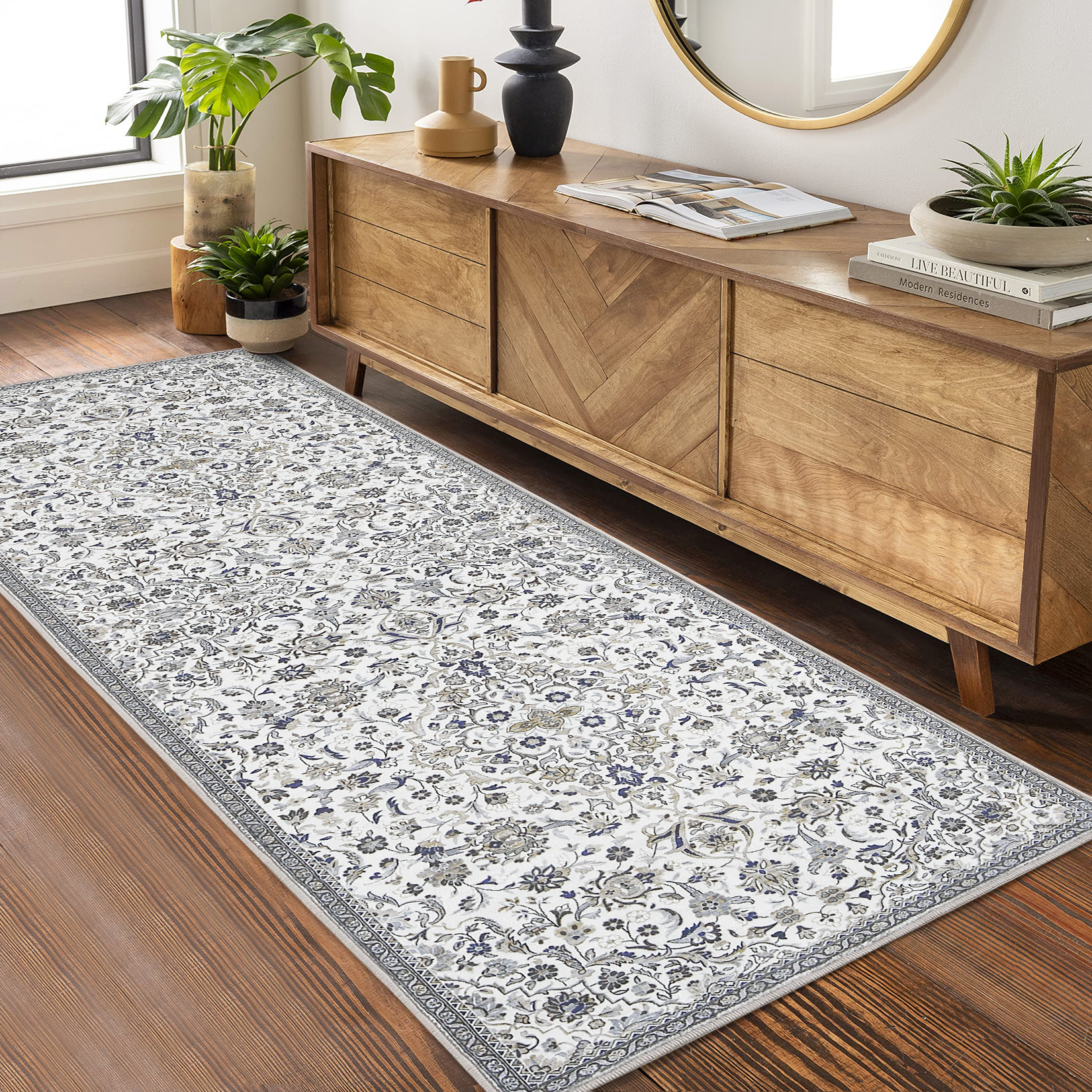 HOMERRY Runner Rug 2' x 6' Washable Modern Vintage Floral Hallway Runner Carpet for Doorway Bedside, Gray/Green