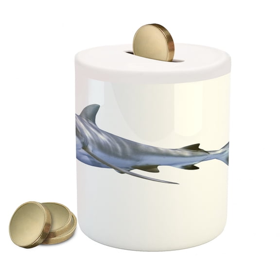 Shark Piggy Bank, Large Reef Shark Swimming Futuristic Computerrt Underwater Design, Ceramic Coin Bank Money Box for Cash Saving, 3.6" X 3.2", Blue Grey White, by Ambesonne