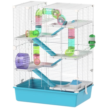 6 Tier Hamster Cage with Tubes and Tunnels, Hut, Wheel, Food Dish, Water Bottle, Ramps, for Dwarf & Gerbil, Light Blue