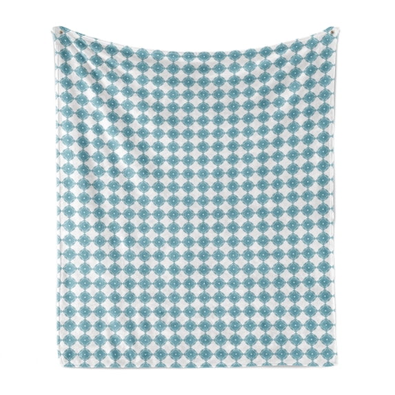 Geometric Soft Flannel Fleece Blanket, Ornamental Interlacing Squares Art Deco Inspired Pattern Relaxing Design, Cozy Plush for Indoor and Outdoor Use, 60" x 80", Pale Blue and White, by Ambesonne