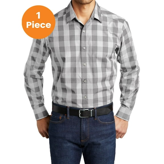 Port Authority W670 Everyday Plaid Shirt, Shadow Grey, L, Mens Casual Button Down Shirts