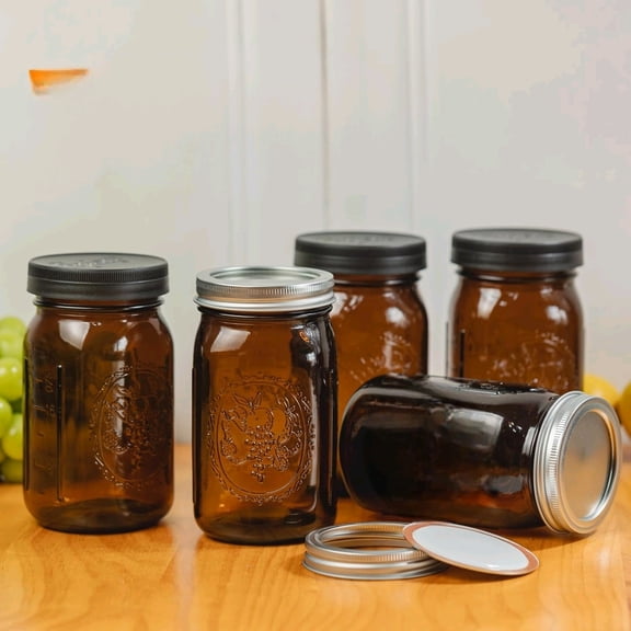 6 Pack 32 oz Amber Wide Mouth Mason Jars with Airtight Lids and Black Plastic Mason Jar Lids, Amber Canning Jars$$Home Decor, Kitchen, & Other