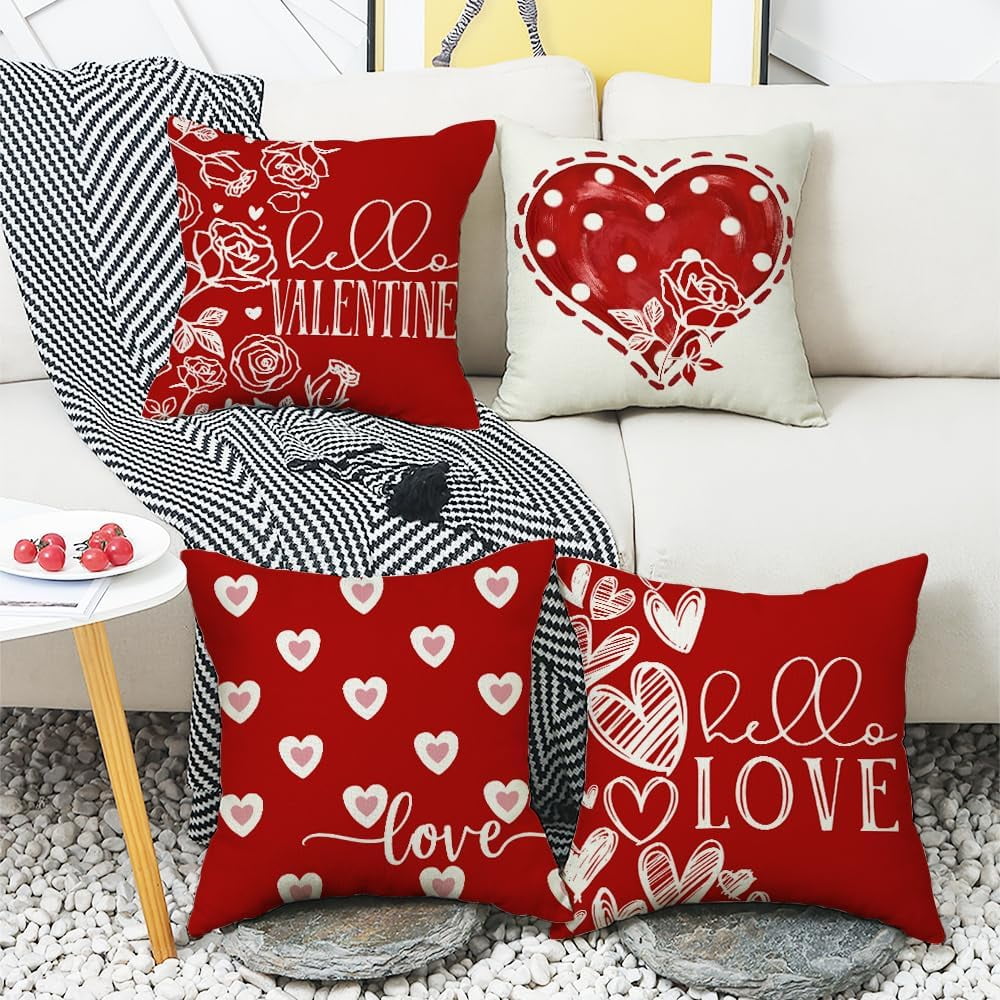 Valentines Day Pillow Covers 20 x 20 Inch Set of 4 Big Red Polka Dot Heart Small Hearts Pattern Valentine Throw Pillows Decorative Cushion Cases Valentines Decor