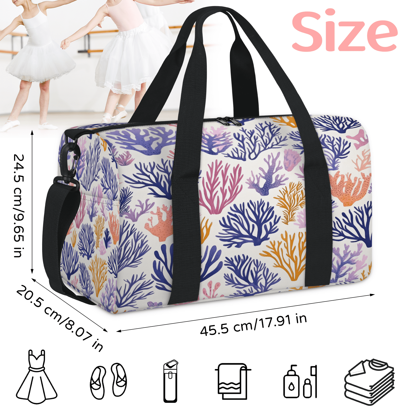 Herdesigns Coral Beach Travel Duffle Bag Sports Yoga Weekender Overnight Carry on Workout Bags Lightweight Waterproof Gym Tote Bag for Women Ocean Coastal