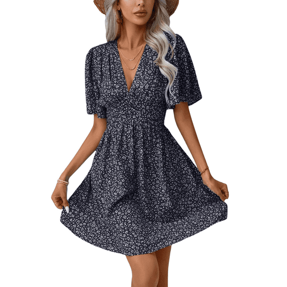 Women's Summer Dresses Boho Midi Sleeve Dress Floral Print V Neck A Line Pleated Casual Fit Elegant Vacation Sundress (Black,Small)