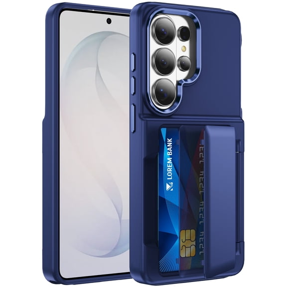 Dteck Hidden Wallet Back Case for Samsung Galaxy S22 Ultra,Shockproof TPU PC Case with Credit Card Slot RFID Blocking Kickstand Cover,Blue