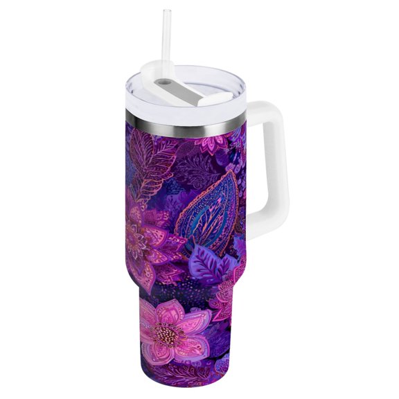 40 oz Insulated Stainless Steel Tumbler Double Wall Stainless Steel Tumbler with 2-Way Drinking Lavender Bohemian Pattern