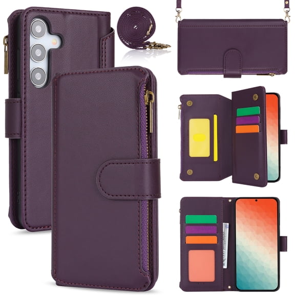 for Samsung Galaxy S24 Wallet Case with Card Slots, Premium PU Leather Case for Women & Men, RFID Blocking Zipper Pocket Crossbody Wrist Strap Lanyard Shockproof Protective Phone Cover, Purple
