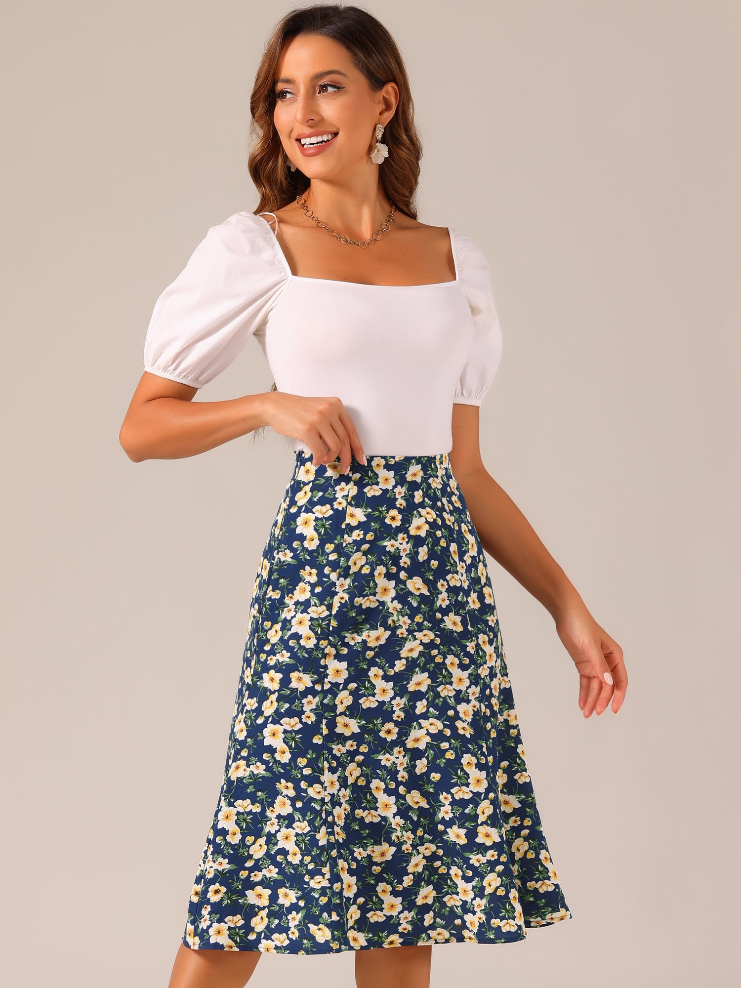 DARING DIVA Women's Elastic Waist A-Line Floral Print Midi Skirt S Dark Blue
