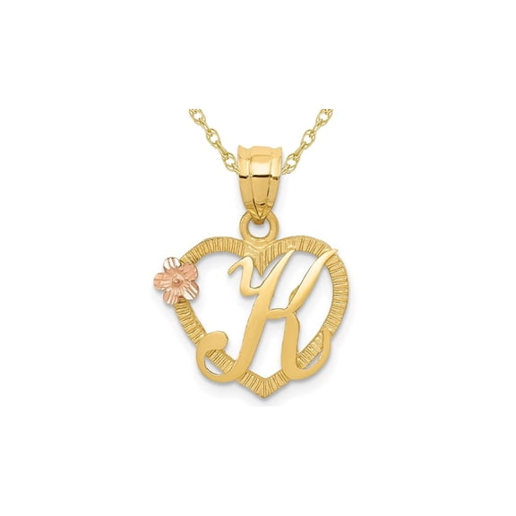 14K Yellow Gold Initial -K- Heart Necklace Pendant Charm with Chain for Women