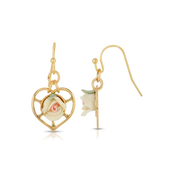 1928 Jewelry Ivory Porcelain Rose Heart Drop Earrings