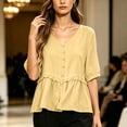 thumbnail image 5 of Yrmaups Loose Fit V Neck Short Sleeve Peplum Top for Women, Casual Ruffle Blouse, Soft Breathable Summer Basic Tee for Home Office Travel Daily Wear, Yellow L, 5 of 5