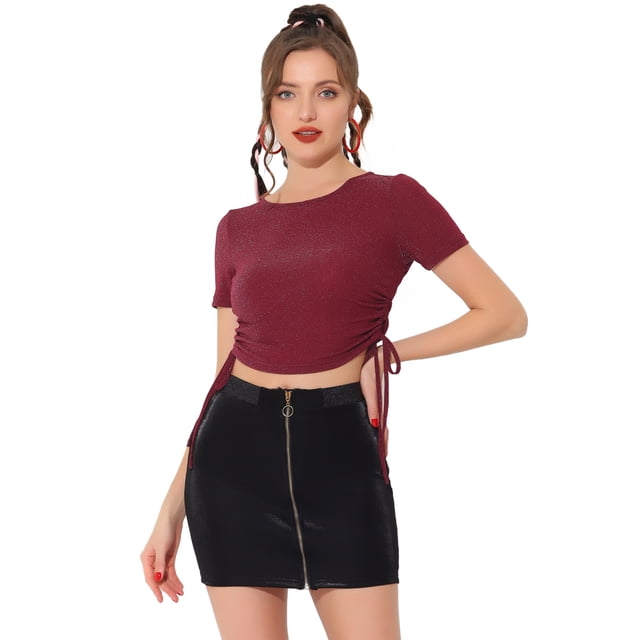 Tops cortos elásticos brillantes con cordón lateral con cordón brillante para mujer Vino rojo M