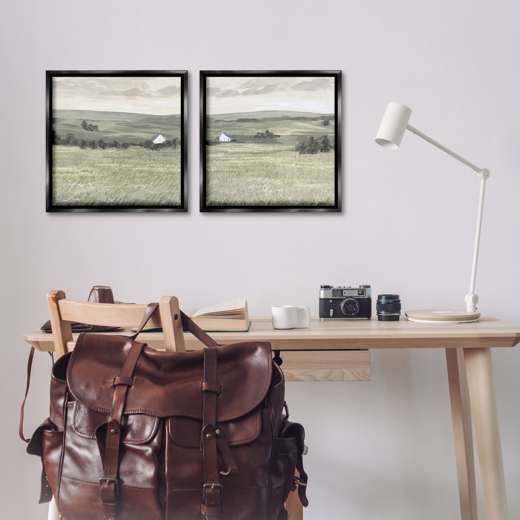 Stupell Industries Traditional Distant Farmhouse Field Landscape & Nature Painting Black Floater Framed Canvas Art Print Wall Art, 18 x 18, Set of 2