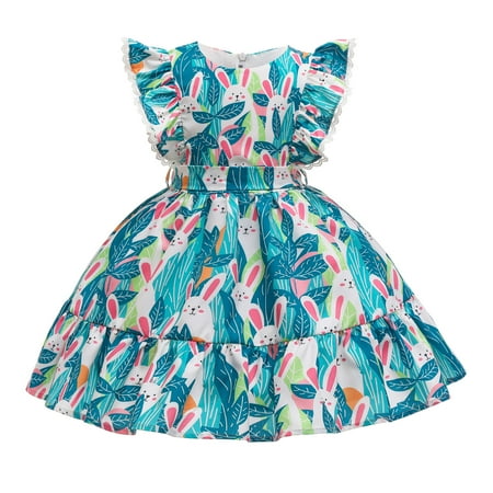 

3T Toddler Girls Wedding Princess Dress Party Dress Formal Pageant Dress 4T Toddler Girl Fly Ruffled Sleeve Round Neck Rabbit Prints Belt-Tie Ruffled Layer Party Formal Dress Green