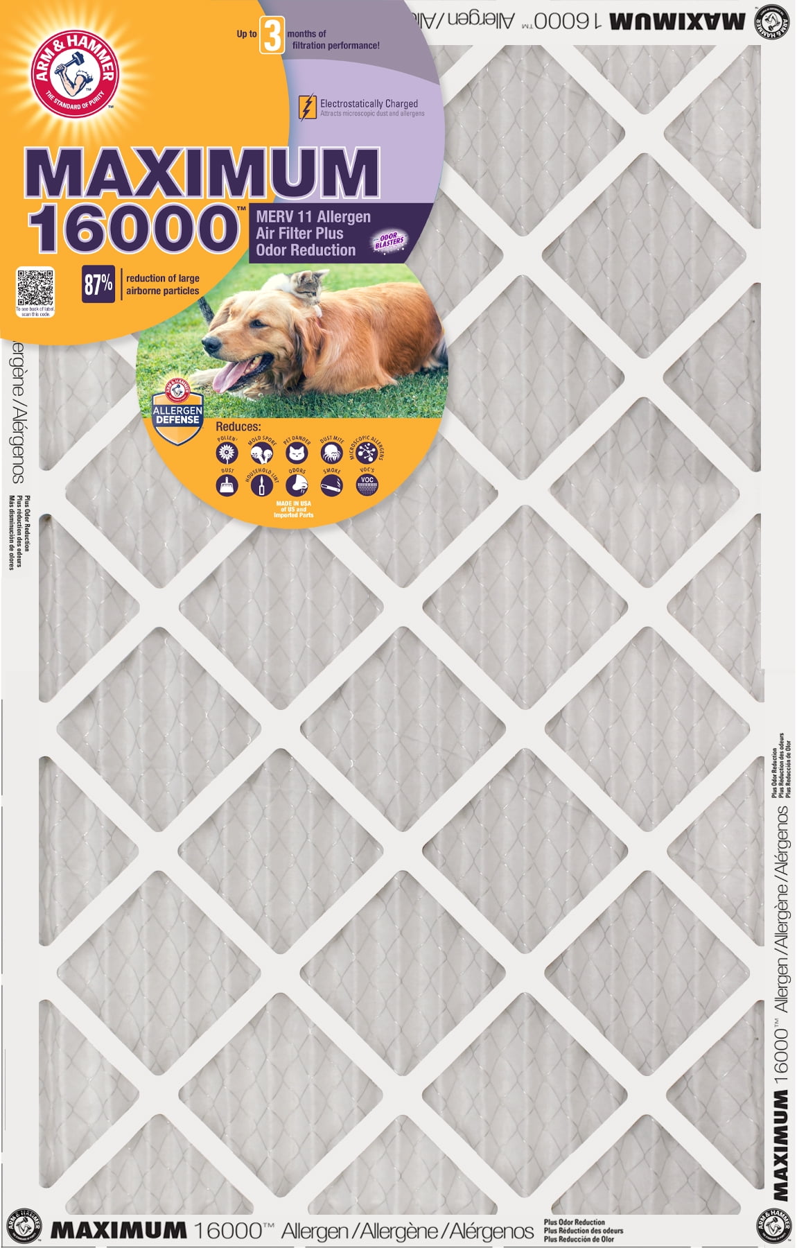20x20x1 (19.75 x 19.75) ARM & HAMMER™ Maximum 16000™ MERV 11 Allergen Air Filter Pl Odor Reduction