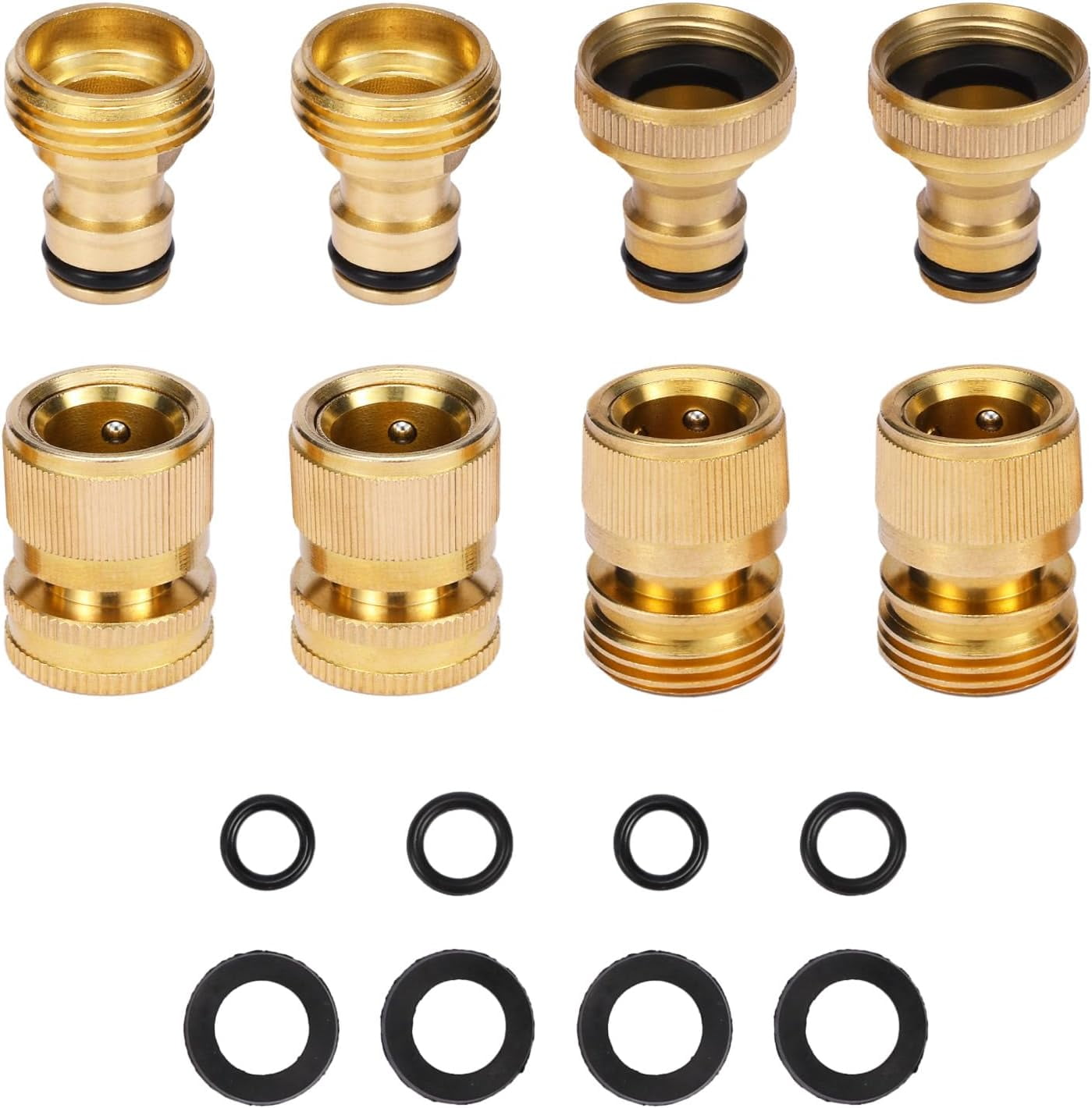 HRTGFD-Garden Hose Quick Connect Solid Brass Garden Hose Connector Water Hose Connectors Easy Connect Fittings Standard 3/4 inch GHT, 4 Complete Sets female & Male, Free Washers & Gaskets
