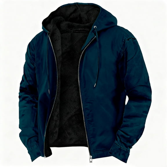 DODADAWANJ Fleece Jacket for Men Vintage Full Zip Warm Winter Jackets Big and Tall Drawstring with Hood Thick Coats Fashion Comfy Work Hoodie Dark Blue XL