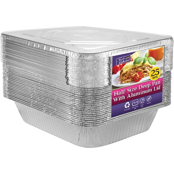 EnjinZZ Aluminum Pans With Lids Half Size 9x13 Extra Heavy Duty, Disposable Foil Pans For Baking (25 Sets)