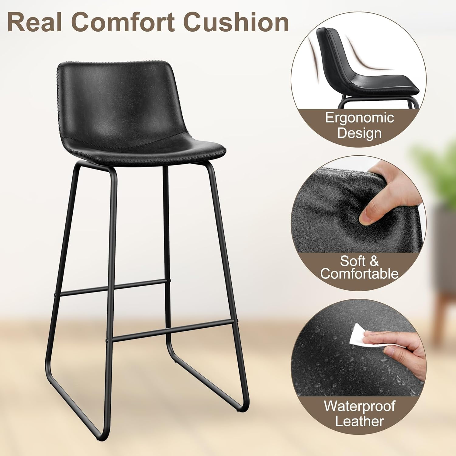 GIKPAL Bar Stools 30" Faux Leather Counter Height Barstools with Back Set of 2, Modern Counter Stools with Metal Legs and Footrest, Armless Chairs with Back for Kitchen Living Room Pub, Black