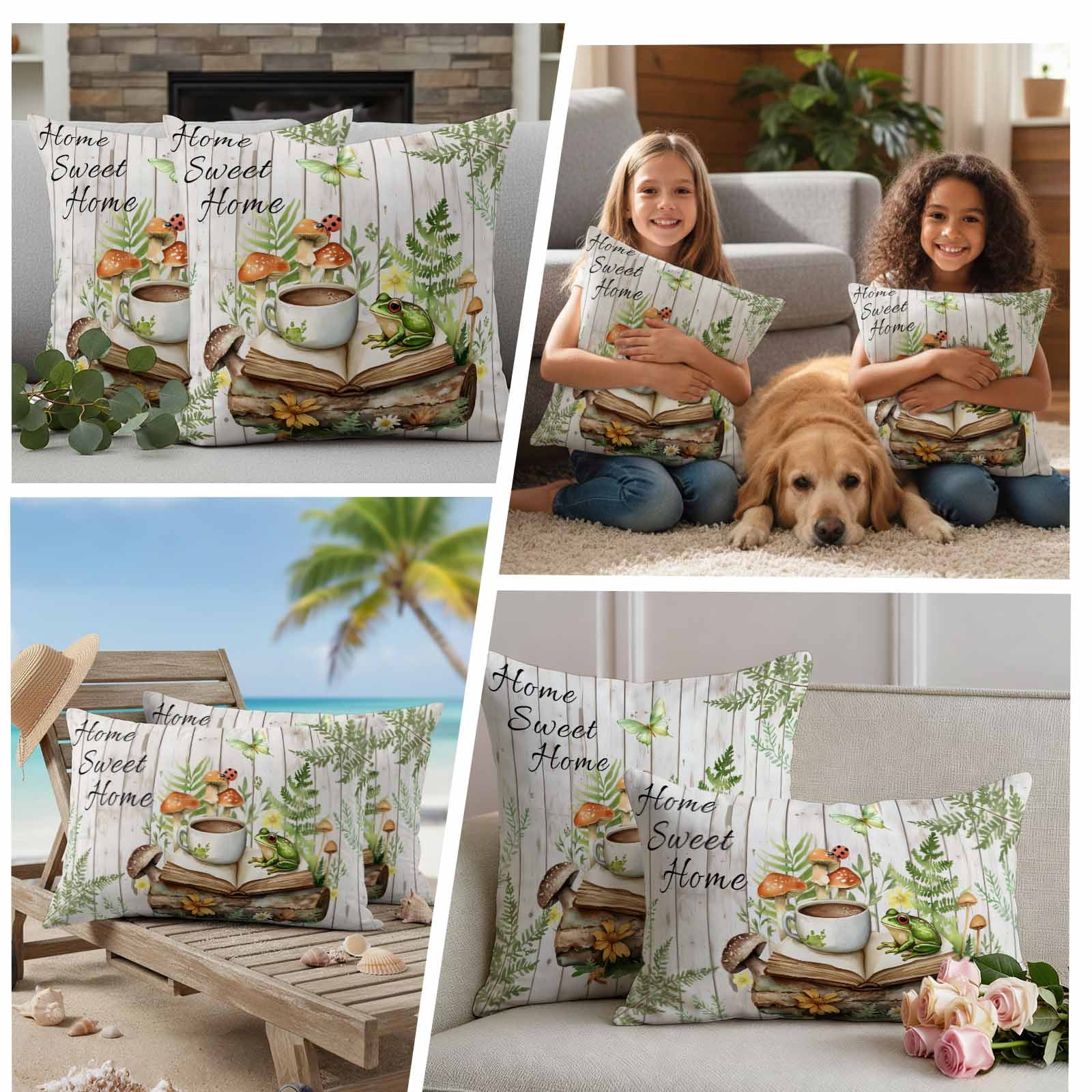 Pastoral Plant Pillow Covers 2 Pack Sweet Butterfly Coffee Book White Wood Pillowcase Waterproof Outdoor Throw Pillow Cover for Patio Garden Square Cushion 24”x24”
