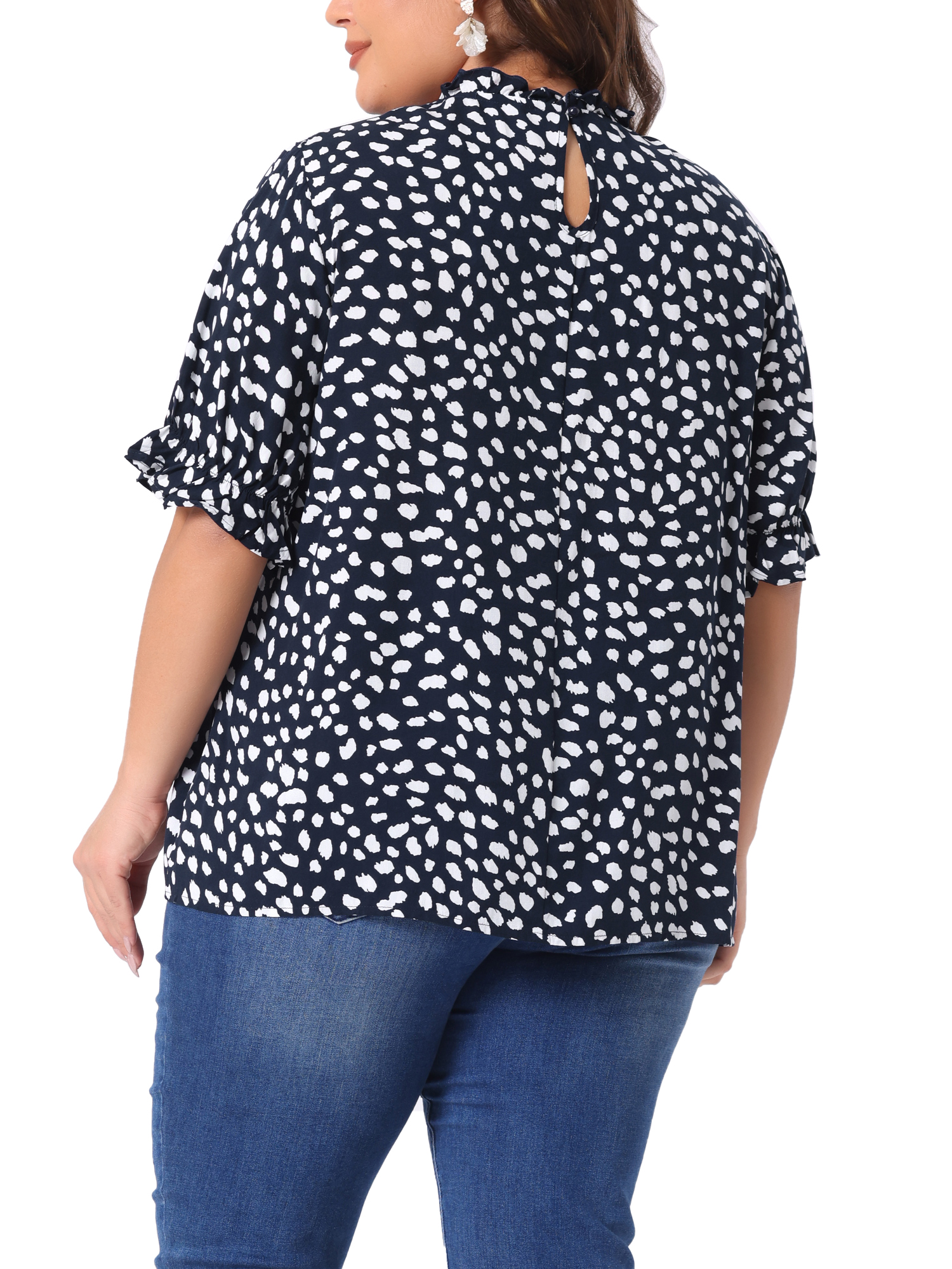DARING DIVA Women's Plus Polka Dots Print Ruffle Hem Mock Neck Blouse 4X Navy Blue