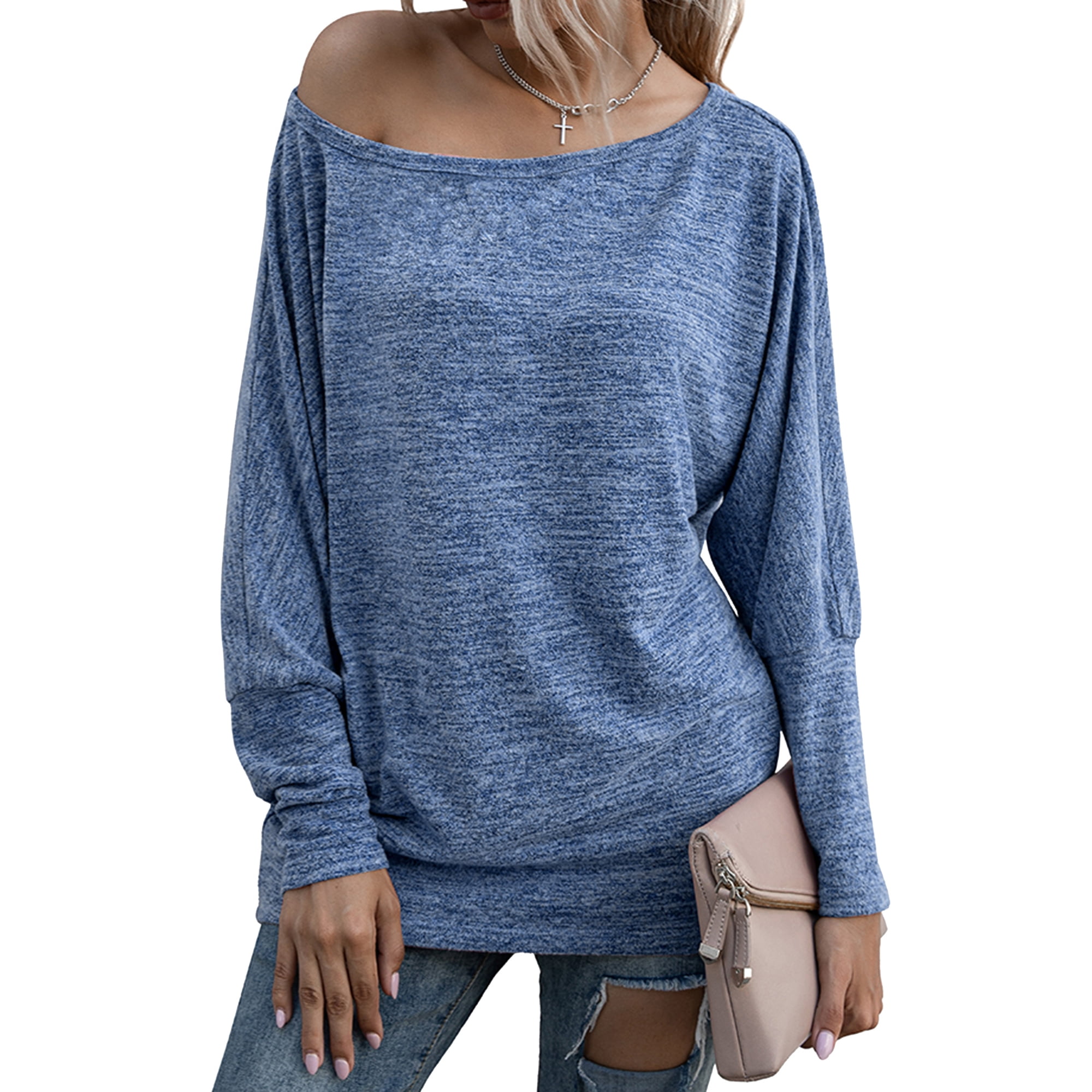 Women Off Shoulder Long Sleeve Boat Neck Solid Color Tunic Shirt