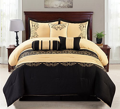 image: WPM 7-Piece King Comforter Set, Black and Gold