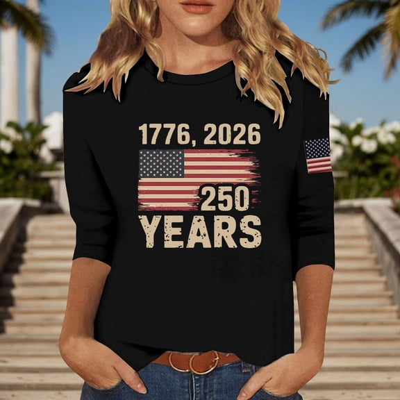 Women Three Quarter Sleeve Round Neck T Shirt 4th of July Independence Day USA 250th Anniversary Graphic Tee L